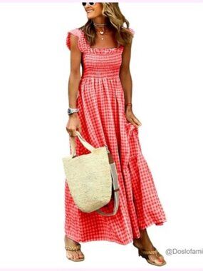 Retro Plaid Smocked Dress with Pockets, Spaghetti Strap, Flounce Hem